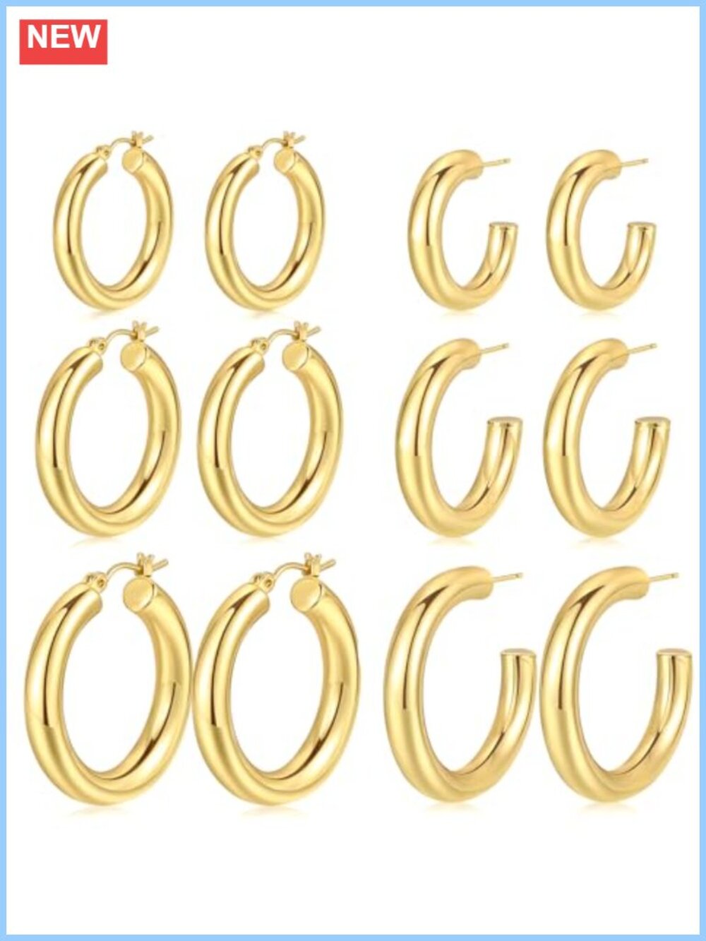 6 Pairs 14K Gold Plated Hoop Earrings Set Lightweight Hypoallergenic 5mm Tube